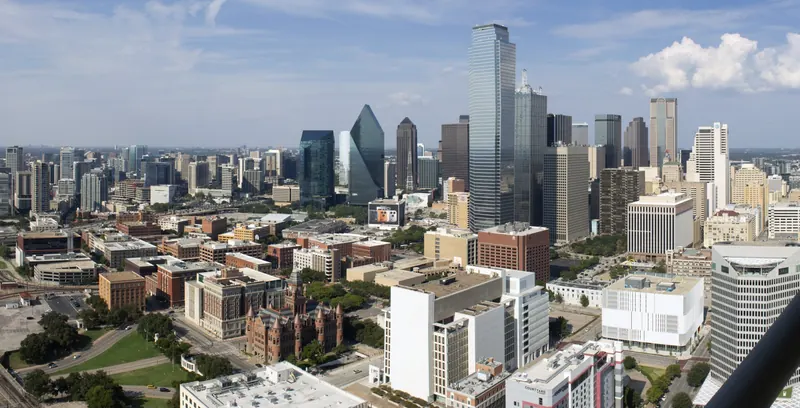 Aerial view of the downtown Dallas skyline on a clear day